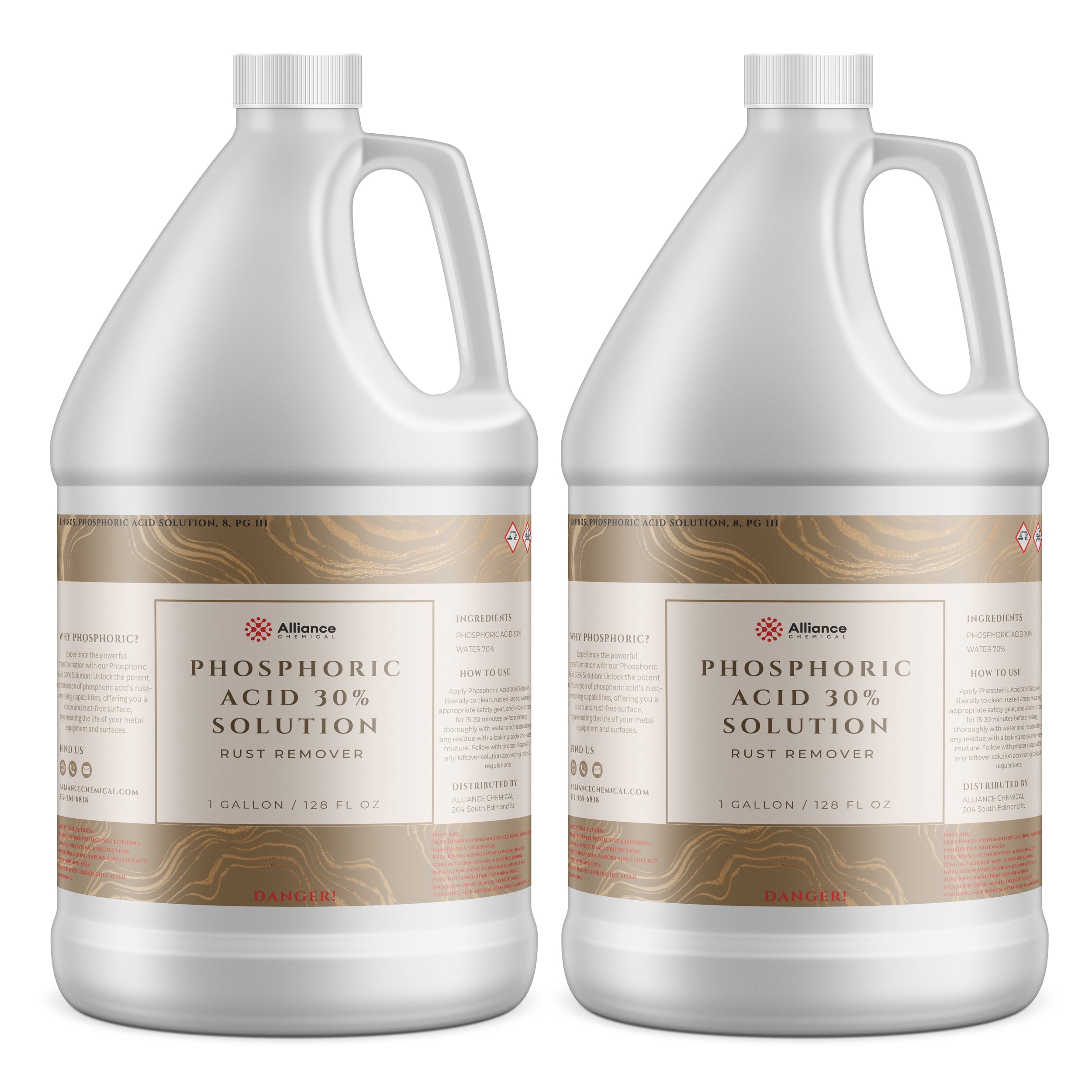 1-gallon white HDPE jugs of Alliance Chemical 30% Phosphoric Acid Solution rust remover with danger warning labels and gold-accented design.